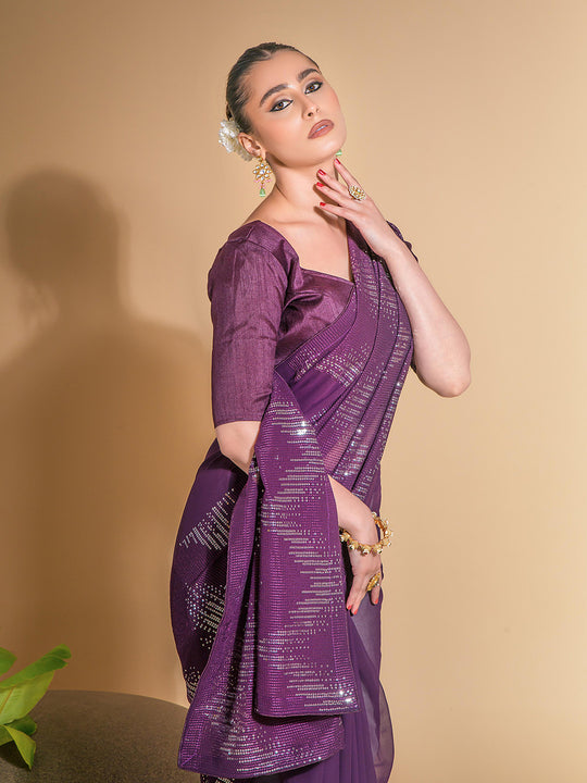 Wine Georgette Sequins Embroidered Designer Saree with Blouse Wine Georgette Sequins Embroidered Designer Saree with Blouse
