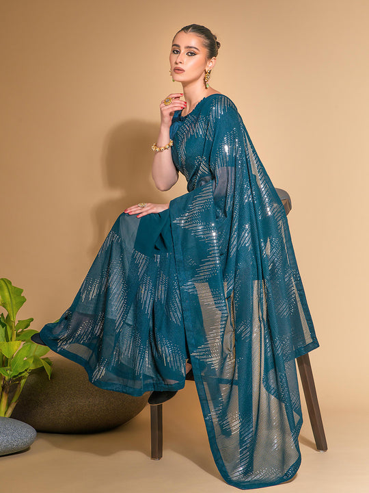 Blue Georgette Sequins Embroidered Designer Saree with Blouse Blue Georgette Sequins Embroidered Designer Saree with Blouse