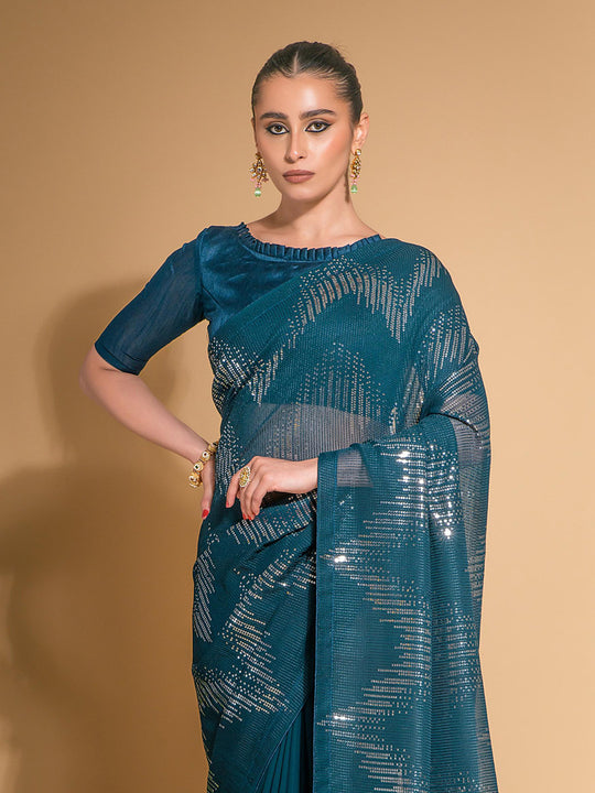 Blue Georgette Sequins Embroidered Designer Saree with Blouse Blue Georgette Sequins Embroidered Designer Saree with Blouse