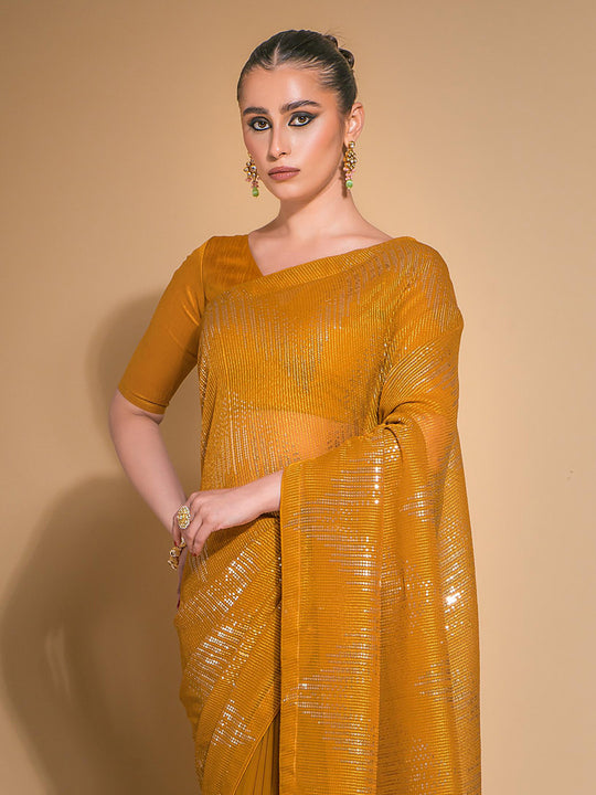 Mustard Georgette Sequins Embroidered Designer Saree with Blouse Mustard Georgette Sequins Embroidered Designer Saree with Blouse