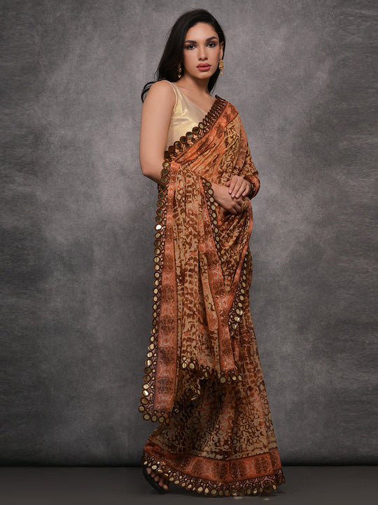 Brown Chiffon Mirror Work Designer Saree with Blouse Brown Chiffon Mirror Work Designer Saree with Blouse