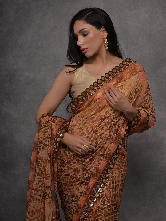 Brown Chiffon Mirror Work Designer Saree with Blouse Brown Chiffon Mirror Work Designer Saree with Blouse