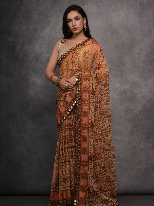 Brown Chiffon Mirror Work Designer Saree with Blouse Brown Chiffon Mirror Work Designer Saree with Blouse