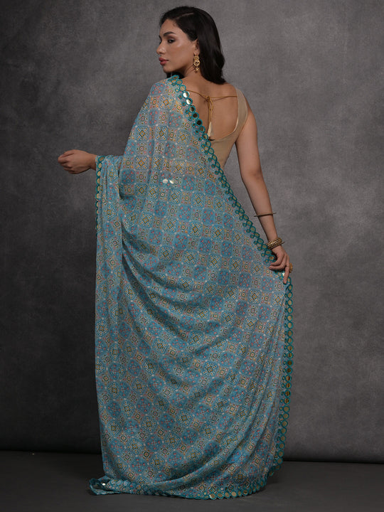 Sky Blue Chiffon Mirror Work Designer Saree with Blouse Sky Blue Chiffon Mirror Work Designer Saree with Blouse