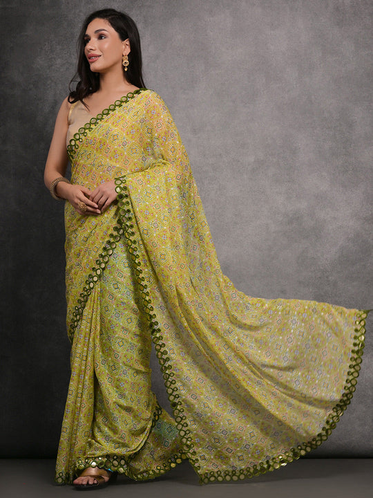 Mehendi Chiffon Mirror Work Designer Saree with Blouse Mehendi Chiffon Mirror Work Designer Saree with Blouse