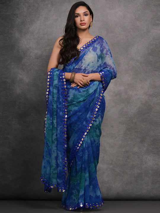 Blue Chiffon Print with Mirror Work Designer Saree with Blouse Blue Chiffon Print with Mirror Work Designer Saree with Blouse