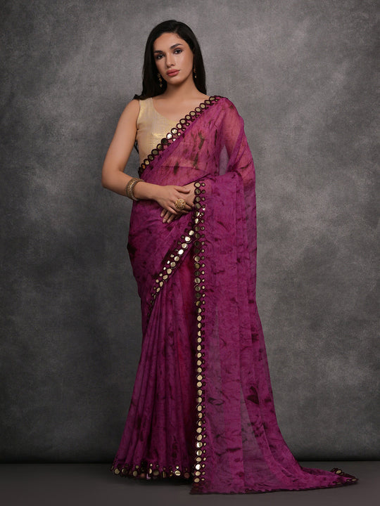 Wine Chiffon Print with Mirror Work Designer Saree with Blouse Wine Chiffon Print with Mirror Work Designer Saree with Blouse