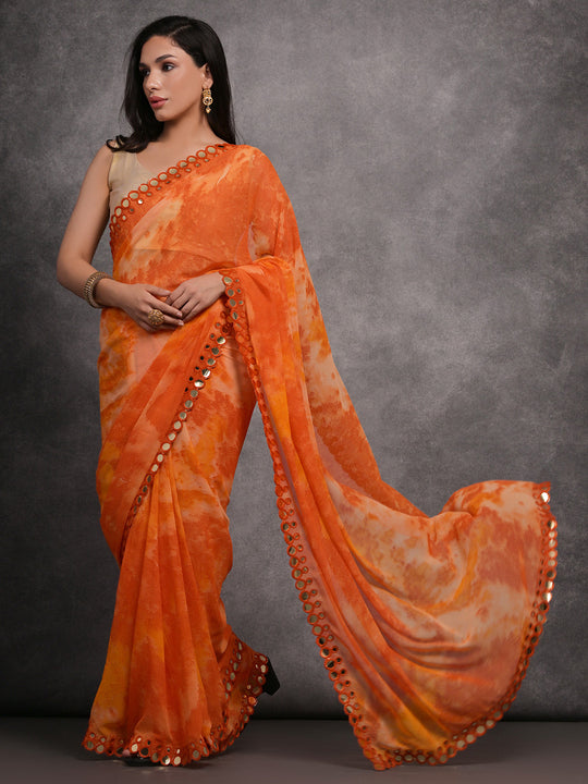 Orange Chiffon Print with Mirror Work Designer Saree with Blouse Orange Chiffon Print with Mirror Work Designer Saree with Blouse