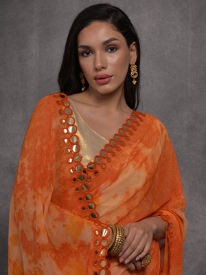 Orange Chiffon Print with Mirror Work Designer Saree with Blouse