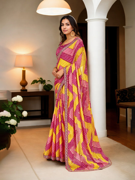 Multicolor Chinon Bandhani Print with Embroidered Saree with Blouse Multicolor Chinon Bandhani Print with Embroidered Saree with Blouse