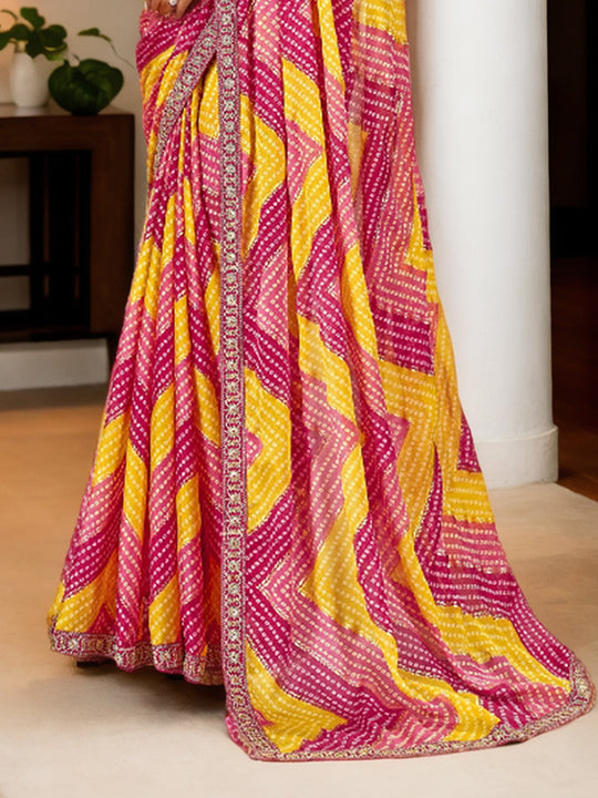 Multicolor Chinon Bandhani Print with Embroidered Saree with Blouse Multicolor Chinon Bandhani Print with Embroidered Saree with Blouse