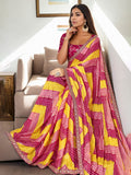 Multicolor Chinon Bandhani Print with Embroidered Saree with Blouse Multicolor Chinon Bandhani Print with Embroidered Saree with Blouse