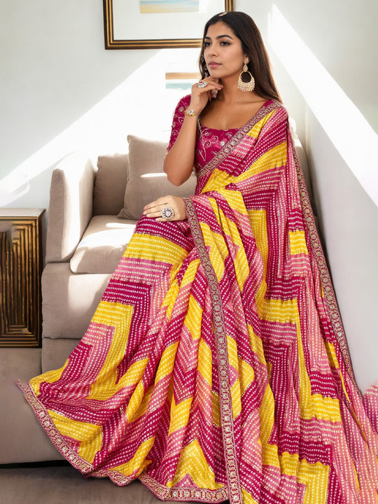 Multicolor Chinon Bandhani Print with Embroidered Saree with Blouse Multicolor Chinon Bandhani Print with Embroidered Saree with Blouse