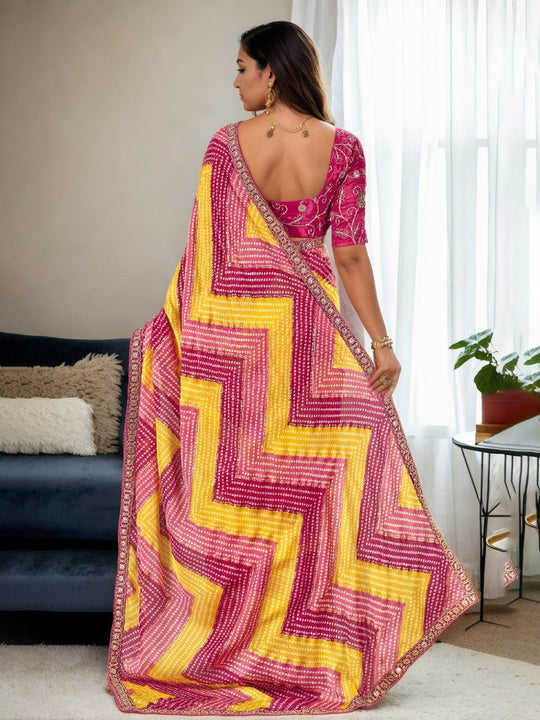 Multicolor Chinon Bandhani Print with Embroidered Saree with Blouse Multicolor Chinon Bandhani Print with Embroidered Saree with Blouse