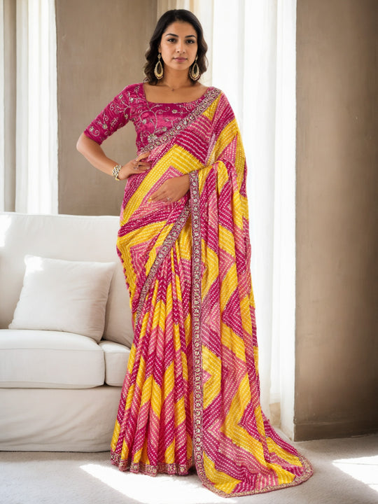 Multicolor Chinon Bandhani Print with Embroidered Saree with Blouse Multicolor Chinon Bandhani Print with Embroidered Saree with Blouse