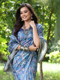 Blue Soft Tussar Silk Printed Saree With Blouse Piece Blue Soft Tussar Silk Printed Saree With Blouse Piece