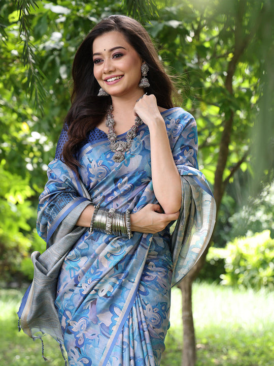 Blue Soft Tussar Silk Printed Saree With Blouse Piece Blue Soft Tussar Silk Printed Saree With Blouse Piece