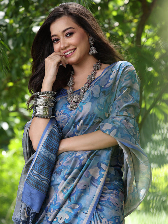Blue Soft Tussar Silk Printed Saree With Blouse Piece Blue Soft Tussar Silk Printed Saree With Blouse Piece
