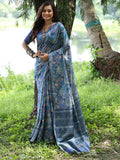 Blue Soft Tussar Silk Printed Saree With Blouse Piece Blue Soft Tussar Silk Printed Saree With Blouse Piece