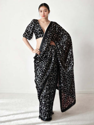 Black Chinon Digital Print with Lace Border Ready to Wear Saree
