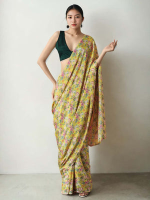 Mehendi Chinon Digital Print with Lace Border Ready to Wear Saree