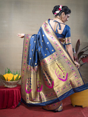Blue Paithani Silk Zari Woven Saree with Blouse