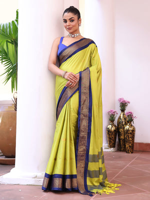 Green Kanjeevaram Silk Blend Woven Design Zari Saree With Blouse Piece