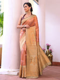 Peach Kanjeevaram Silk Blend Woven Design Zari Saree With Blouse Piece Peach Kanjeevaram Silk Blend Woven Design Zari Saree With Blouse Piece