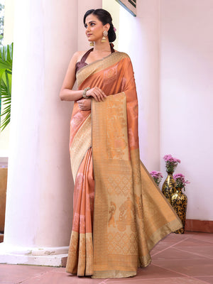 Peach Kanjeevaram Silk Blend Woven Design Zari Saree With Blouse Piece
