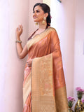 Peach Kanjeevaram Silk Blend Woven Design Zari Saree With Blouse Piece Peach Kanjeevaram Silk Blend Woven Design Zari Saree With Blouse Piece