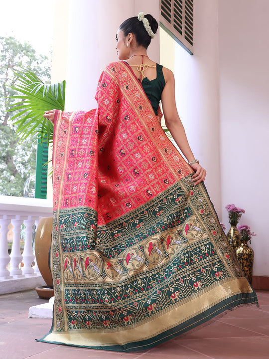 Pink Patola Silk Blend Woven Design Zari Saree With Blouse Piece Pink Patola Silk Blend Woven Design Zari Saree With Blouse Piece