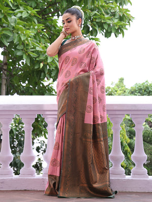 Pink Kanjeevaram Silk Blend Woven Design Zari Saree With Blouse Piece