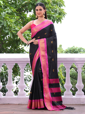 Black Paithani Silk Blend Zari Saree With Blouse Piece