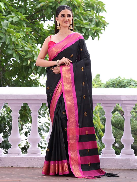 Black Paithani Silk Blend Zari Saree With Blouse Piece Black Paithani Silk Blend Zari Saree With Blouse Piece