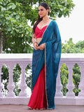 Teal Embellished Sequinned Colorblocked Chiffon Saree With Blouse Piece Teal Embellished Sequinned Colorblocked Chiffon Saree With Blouse Piece