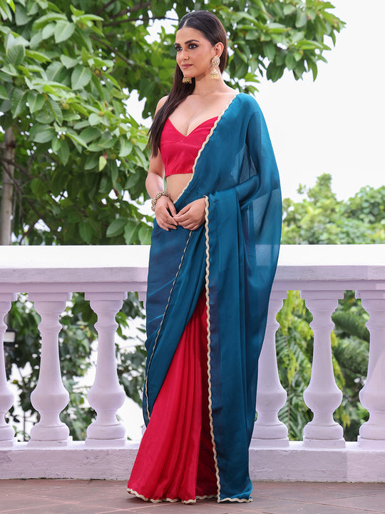 Teal Embellished Sequinned Colorblocked Chiffon Saree With Blouse Piece Teal Embellished Sequinned Colorblocked Chiffon Saree With Blouse Piece