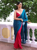 Teal Embellished Sequinned Colorblocked Chiffon Saree With Blouse Piece Teal Embellished Sequinned Colorblocked Chiffon Saree With Blouse Piece