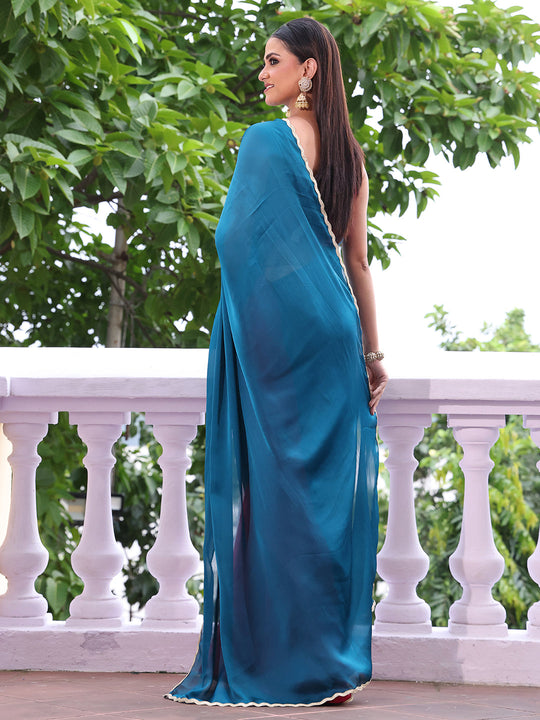 Teal Embellished Sequinned Colorblocked Chiffon Saree With Blouse Piece Teal Embellished Sequinned Colorblocked Chiffon Saree With Blouse Piece