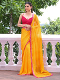 Yellow Embellished Sequinned Chiffon Saree With Blouse Piece Yellow Embellished Sequinned Chiffon Saree With Blouse Piece