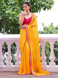 Yellow Embellished Sequinned Chiffon Saree With Blouse Piece Yellow Embellished Sequinned Chiffon Saree With Blouse Piece