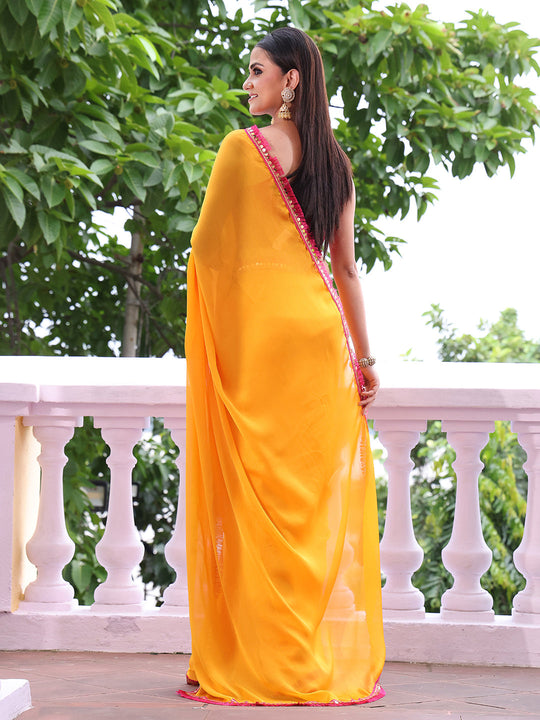 Yellow Embellished Sequinned Chiffon Saree With Blouse Piece Yellow Embellished Sequinned Chiffon Saree With Blouse Piece