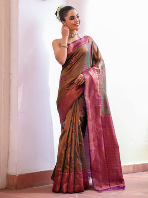 Green Kanjeevaram Silk Blend Woven Design Zari Saree With Blouse Piece