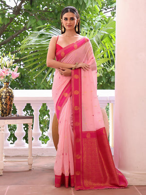Pink Woven Maheshwari Cotton Blend Saree With Blouse Piece