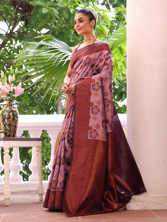 Purple Kanjeevaram Silk Blend Woven Design Zari Saree With Blouse Piece Purple Kanjeevaram Silk Blend Woven Design Zari Saree With Blouse Piece
