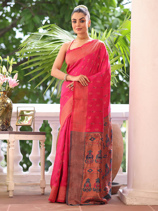 Pink Paithani Silk Blend Zari Saree With Blouse Piece Pink Paithani Silk Blend Zari Saree With Blouse Piece