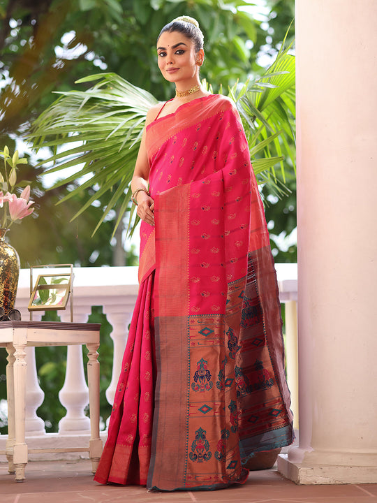 Pink Paithani Silk Blend Zari Saree With Blouse Piece Pink Paithani Silk Blend Zari Saree With Blouse Piece