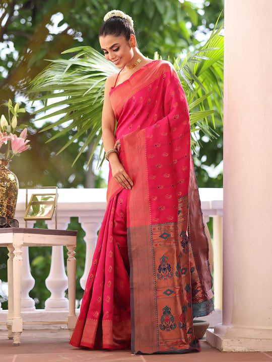 Pink Paithani Silk Blend Zari Saree With Blouse Piece Pink Paithani Silk Blend Zari Saree With Blouse Piece
