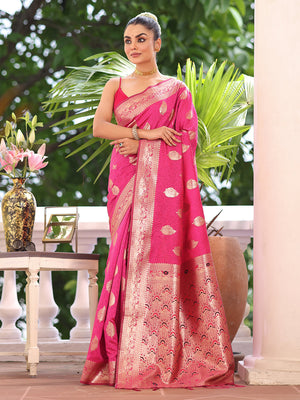 Pink Kanjeevaram Silk Blend Woven Design Zari Saree With Blouse Piece