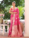 Pink Kanjeevaram Silk Blend Woven Design Zari Saree With Blouse Piece Pink Kanjeevaram Silk Blend Woven Design Zari Saree With Blouse Piece