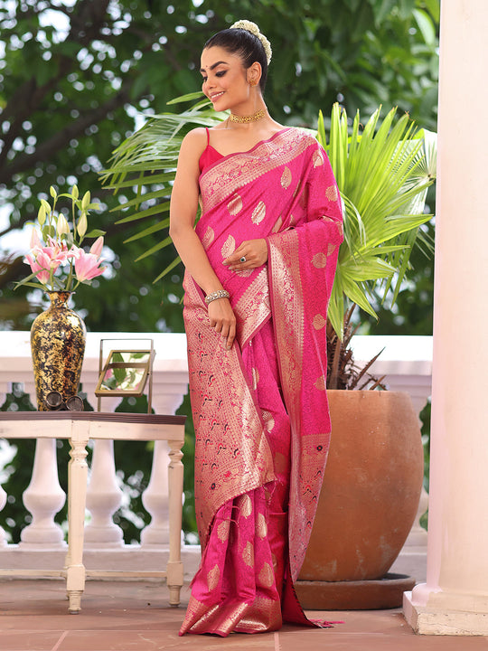 Pink Kanjeevaram Silk Blend Woven Design Zari Saree With Blouse Piece Pink Kanjeevaram Silk Blend Woven Design Zari Saree With Blouse Piece